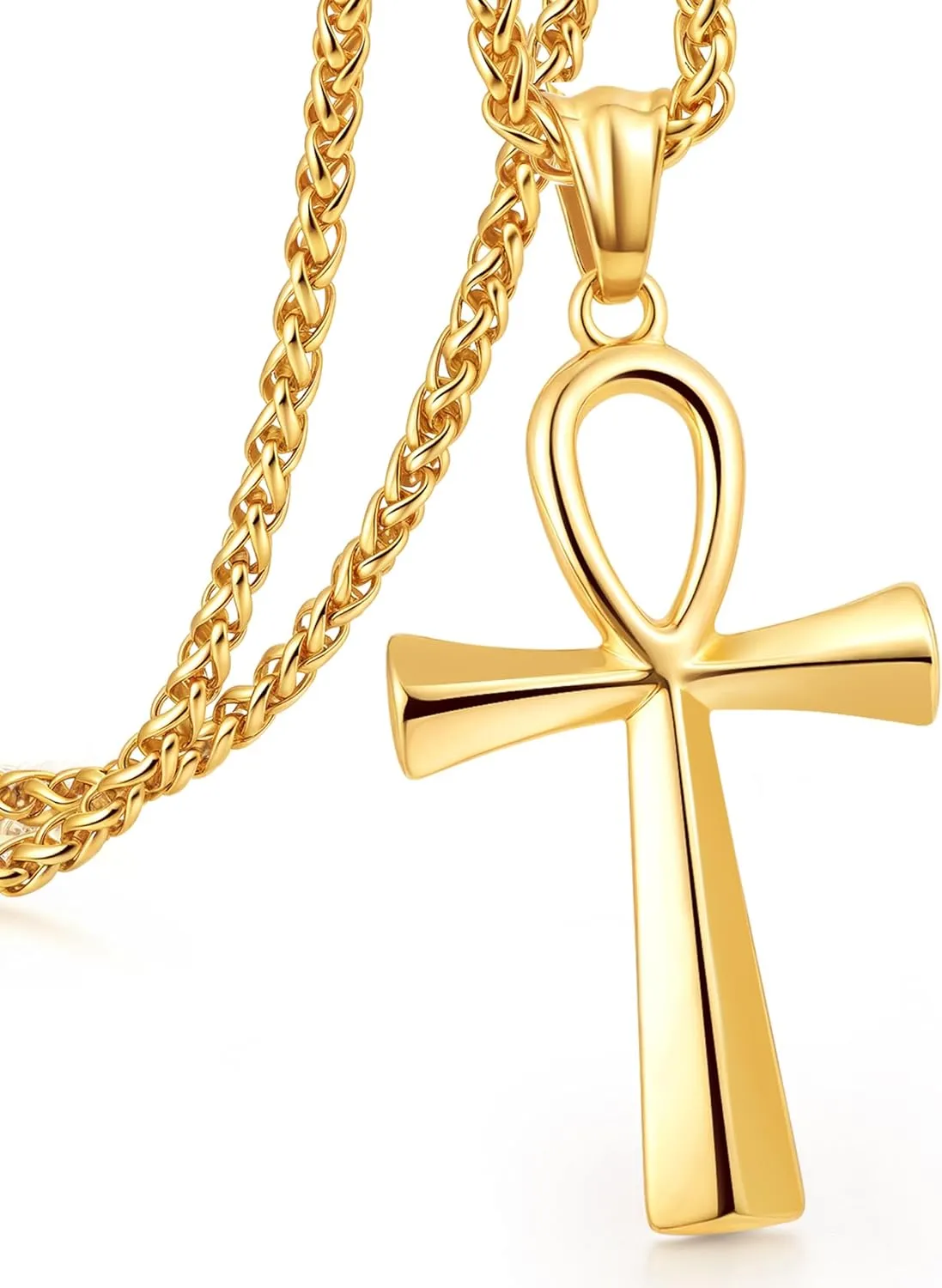 Stainless Steel Cross Ankh Necklace for Men Women, 18K Gold Plated Crucifix Pendant Bible Verse Philippians Christian Egyptian Religious 3mm Rolo Chain Jewelry Present