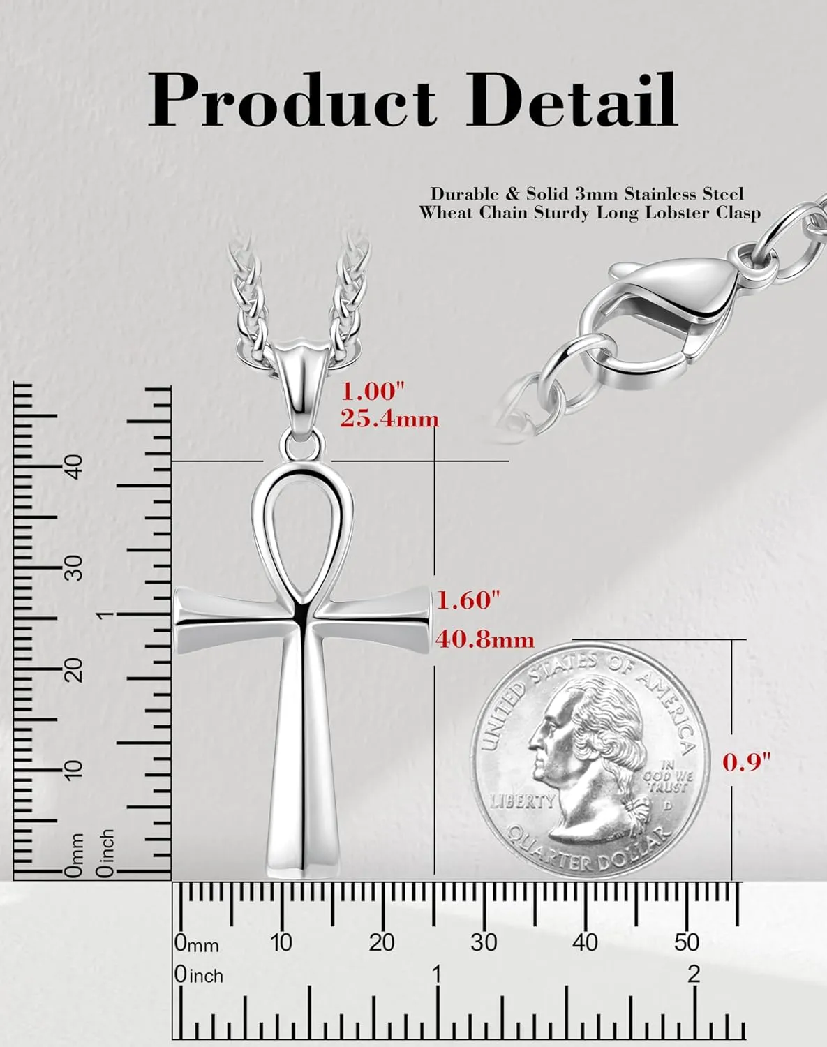 Stainless Steel Cross Ankh Necklace for Men Women, 18K Gold Plated Crucifix Pendant Bible Verse Philippians Christian Egyptian Religious 3mm Rolo Chain Jewelry Present