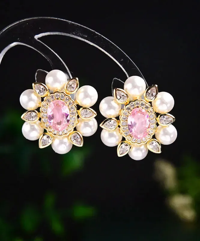Sterling Silver Crystal Pearl Zircon Stud Earrings