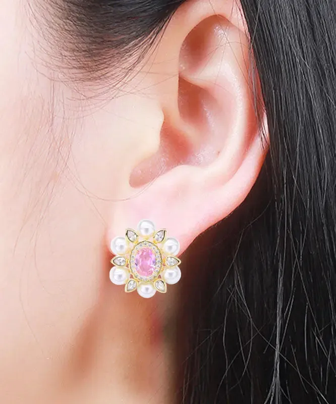 Sterling Silver Crystal Pearl Zircon Stud Earrings