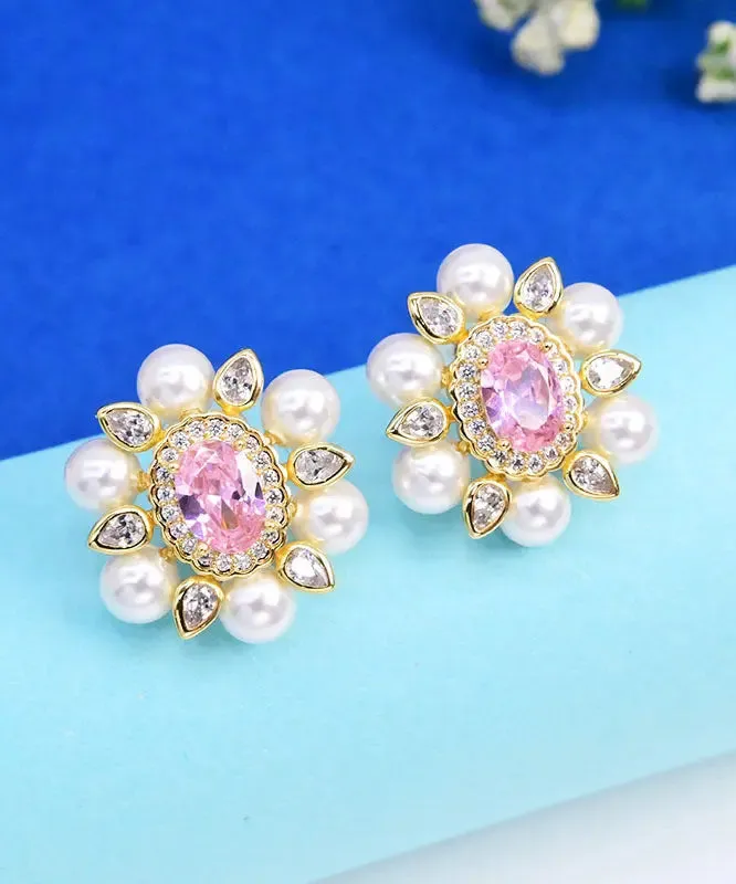 Sterling Silver Crystal Pearl Zircon Stud Earrings