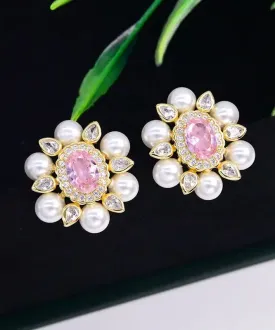 Sterling Silver Crystal Pearl Zircon Stud Earrings