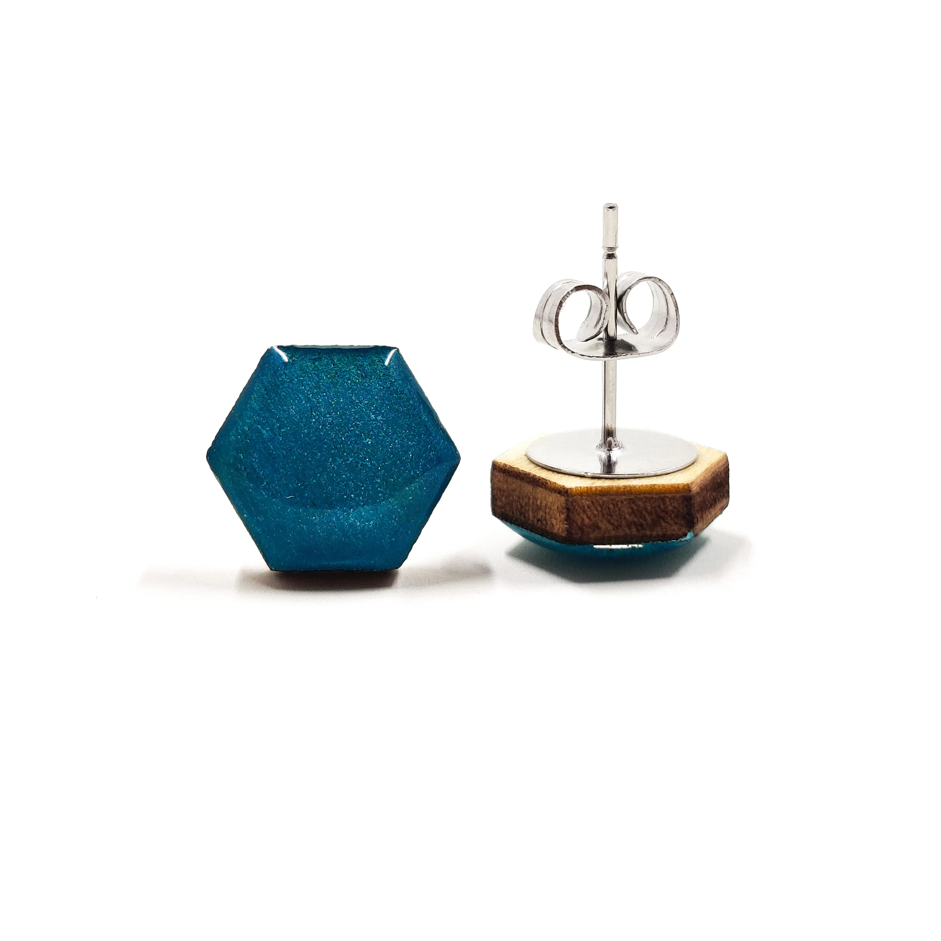 Turquoise Shimmer Hexagon Stud Earrings by Candi Cove Designs