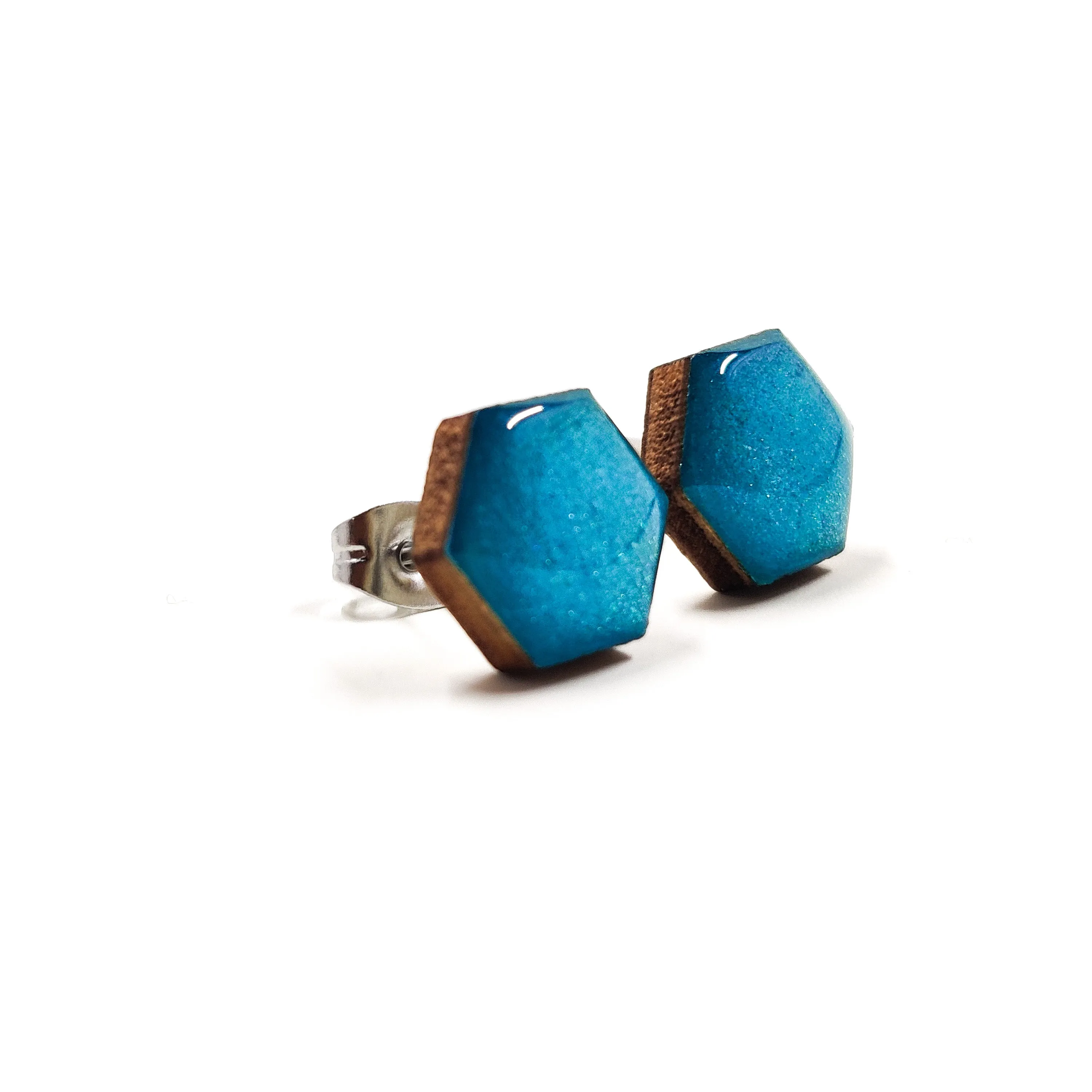 Turquoise Shimmer Hexagon Stud Earrings by Candi Cove Designs