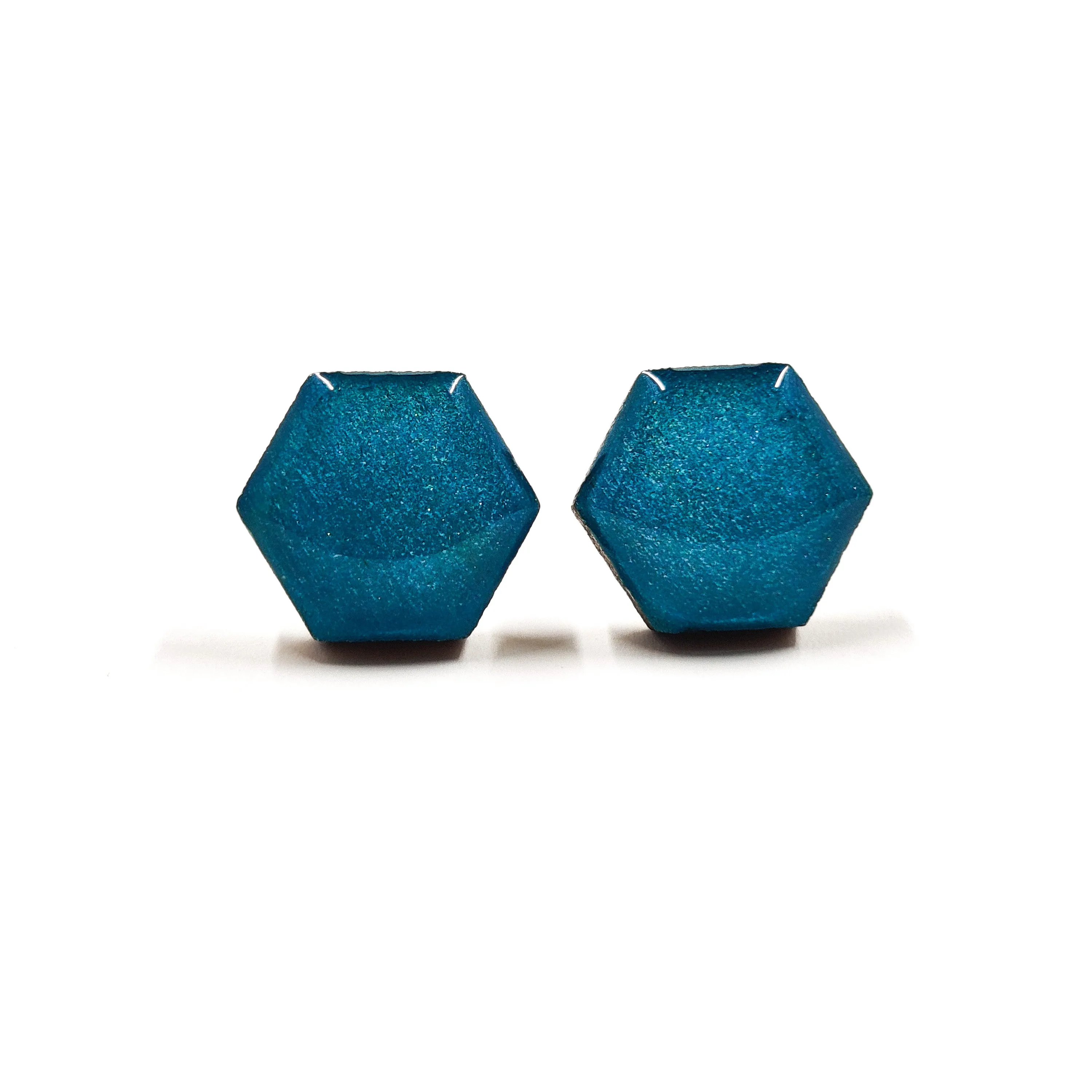 Turquoise Shimmer Hexagon Stud Earrings by Candi Cove Designs