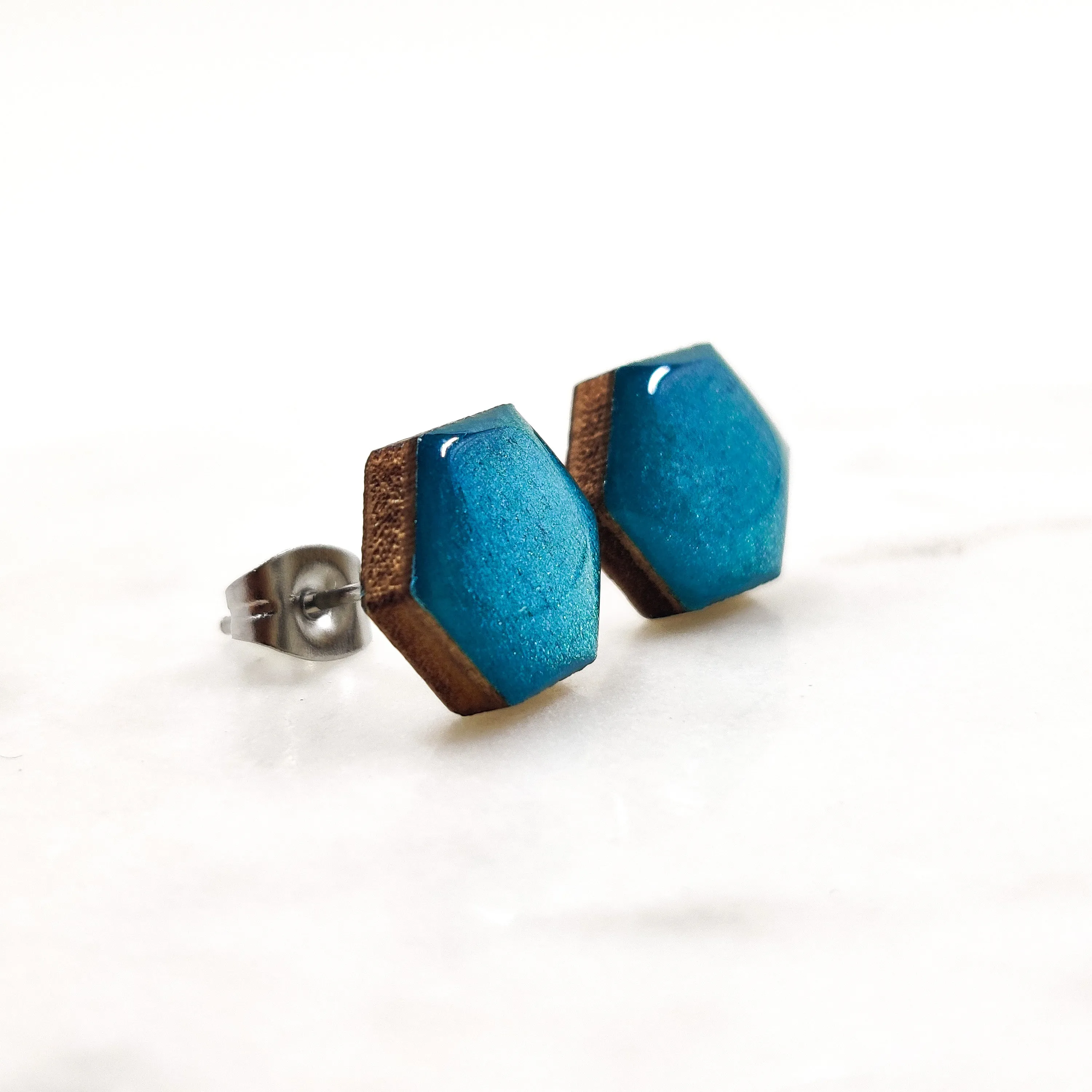 Turquoise Shimmer Hexagon Stud Earrings by Candi Cove Designs