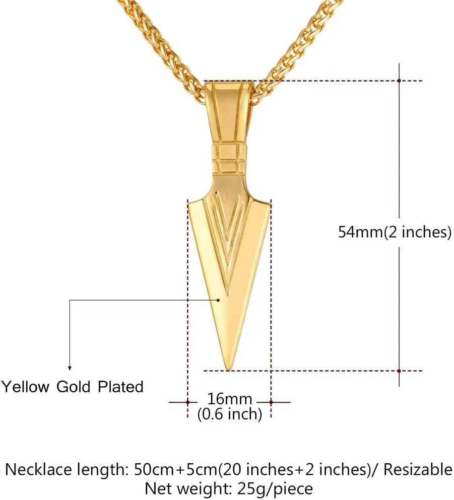 U7 Men Rock Hip Hop Jewelry Stainless Steel 18K Gold Plated Spear Point Arrowhead/Wolf Teeth Pendant Necklaces 22"