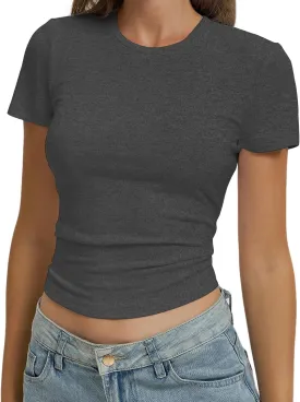 Women Casual Basic T Shirts Top Y2k Crop Tops Trendy Tight Tshirts Tee Slim Fit Clothes