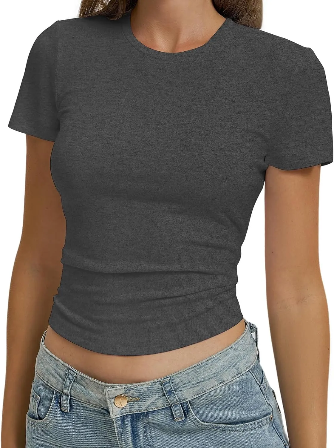Women Casual Basic T Shirts Top Y2k Crop Tops Trendy Tight Tshirts Tee Slim Fit Clothes