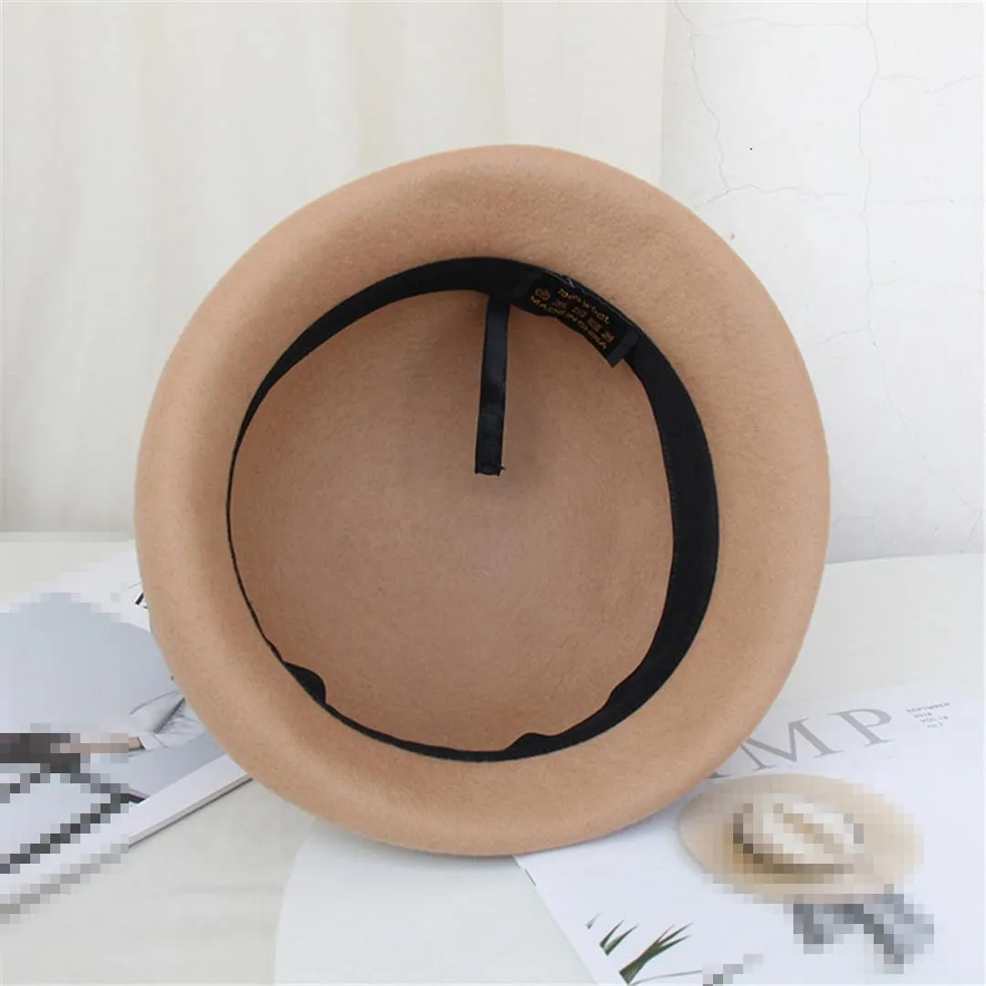 Women Floral Solid Hat Warm Wool Felt Flower Mesh Flower Hat Wide Brim Hat Autumn Winter