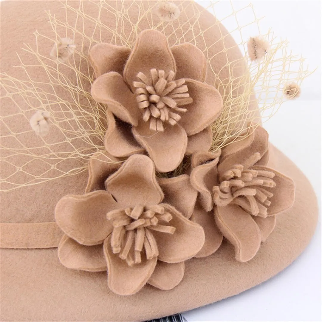 Women Floral Solid Hat Warm Wool Felt Flower Mesh Flower Hat Wide Brim Hat Autumn Winter