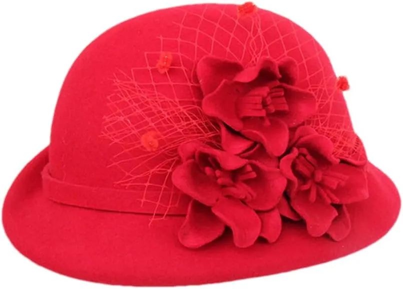 Women Floral Solid Hat Warm Wool Felt Flower Mesh Flower Hat Wide Brim Hat Autumn Winter