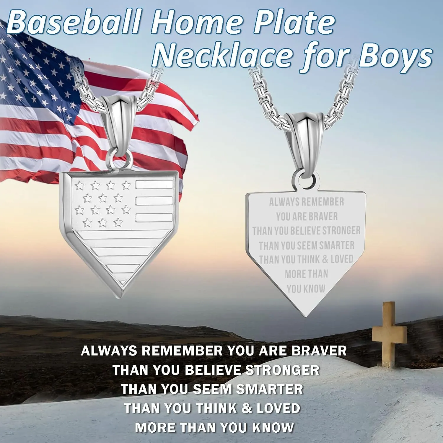 ZRAY USA Flag Baseball Plate Necklace for Men Personalized Bible Verse Shield Pendant Stainless Steel Chain 22 2 inch Inspirational Baseball Sport Gift Patriotic Jewelry for Boys