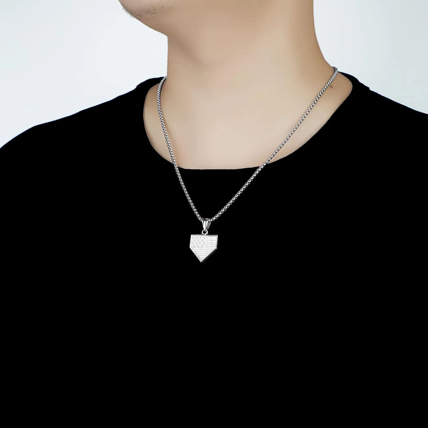 ZRAY USA Flag Baseball Plate Necklace for Men Personalized Bible Verse Shield Pendant Stainless Steel Chain 22 2 inch Inspirational Baseball Sport Gift Patriotic Jewelry for Boys